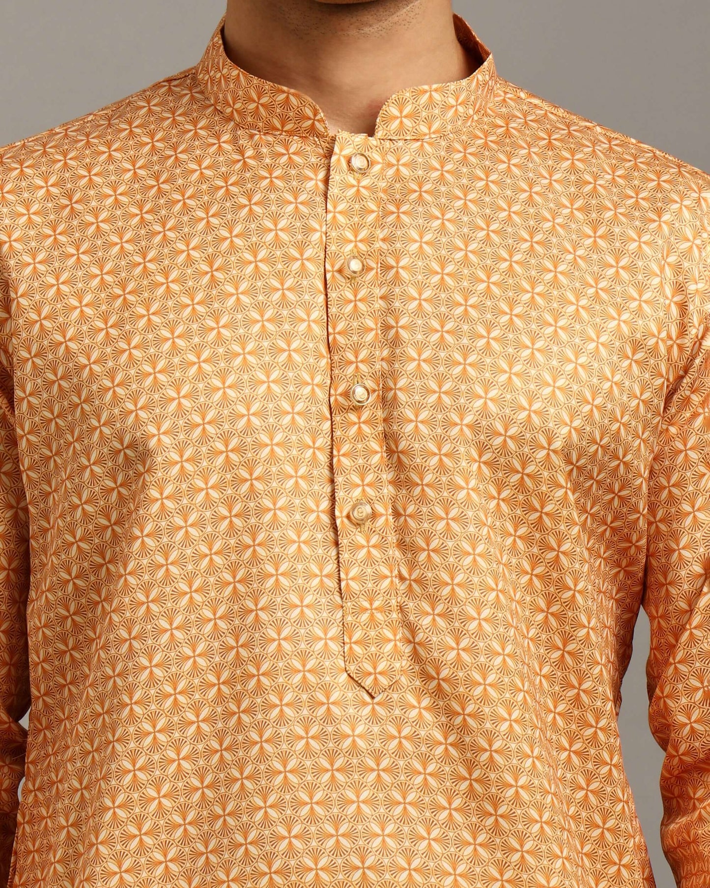 Sama Satin Printed Yellow Kurta for Men