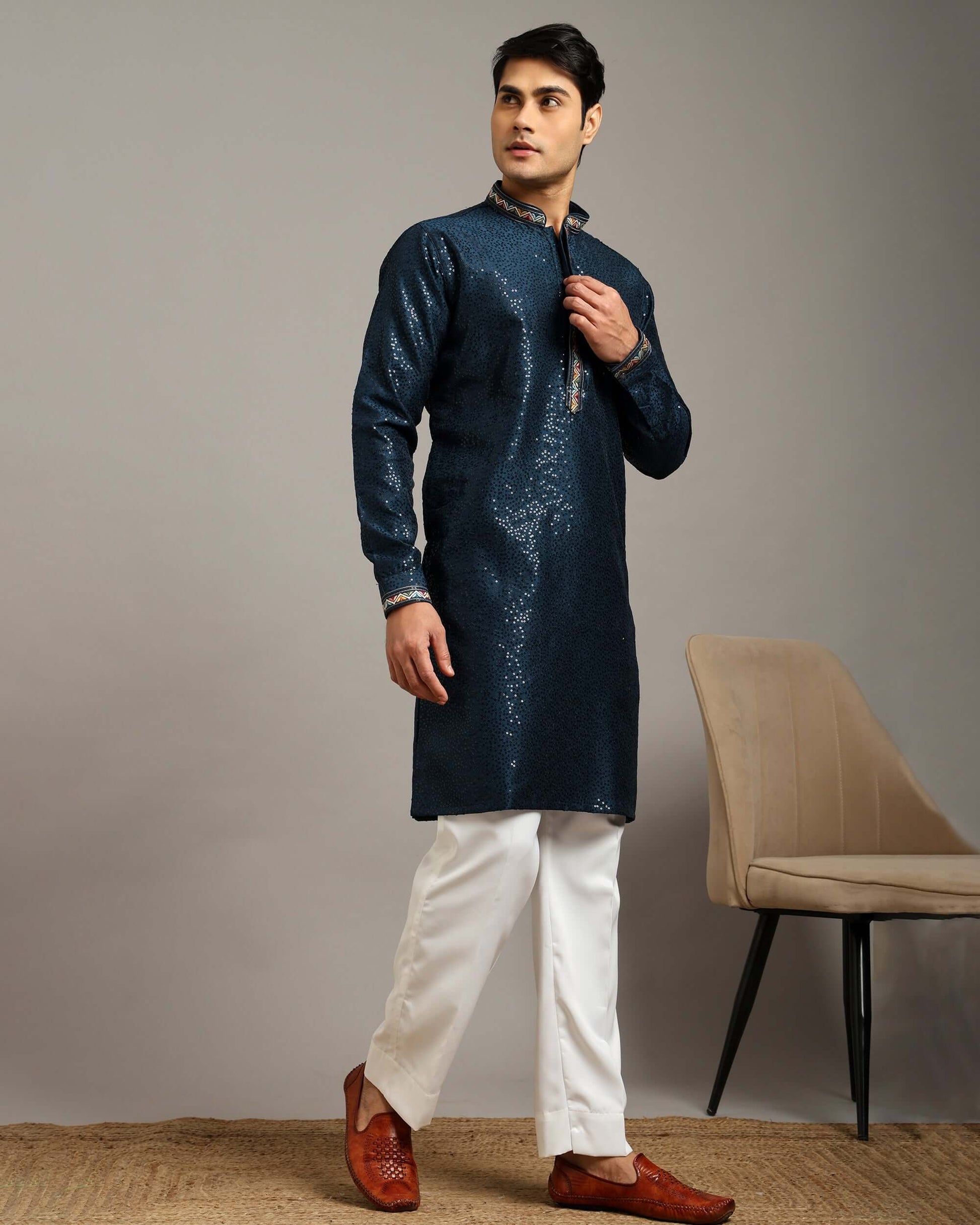 Crease India Zariya Sequin Embroidered Navy Blue Party Kurta for Men, perfect men’s kurta for cocktail party, wedding reception, sangeet night and Indian cultural event, worldwide delivery available.