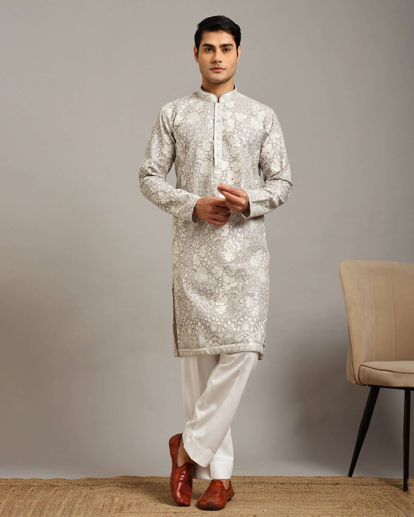 Silver Grey Floral Embroidered Georgette Wedding Kurta for Men