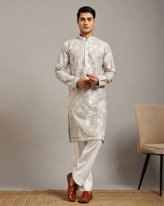 Silver Grey Floral Embroidered Georgette Wedding Kurta for Men