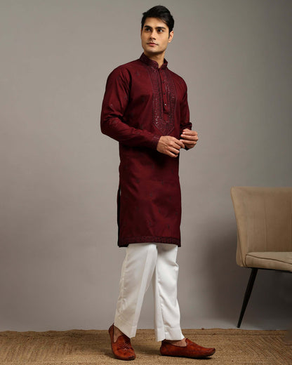 Noor Wine Wedding Kurta for Men with Embroidery Work
