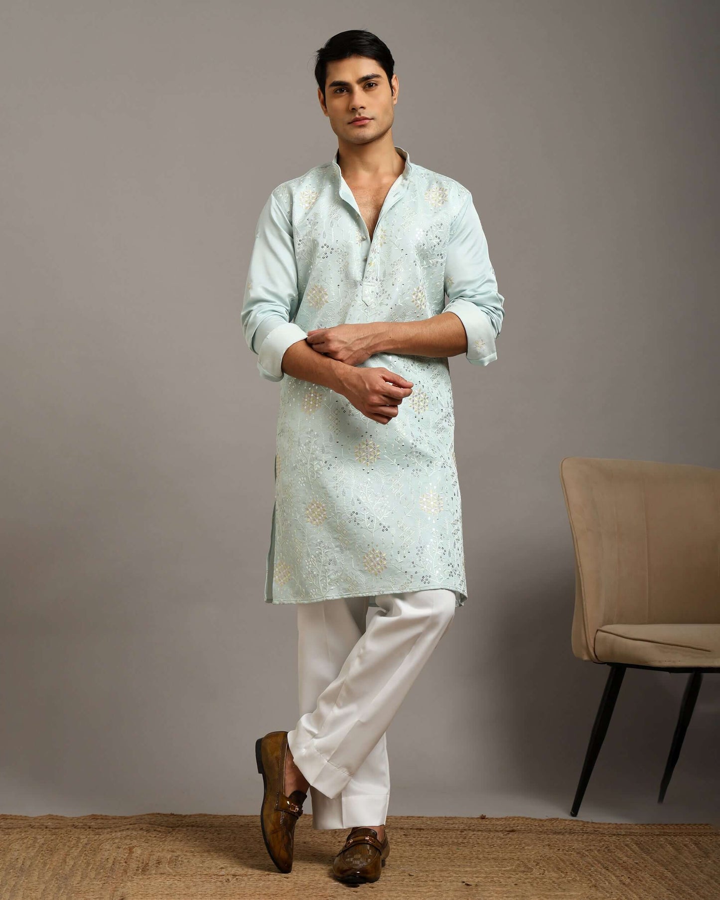 Ira Floral Embroidery Wedding Sky Blue Kurta for Men