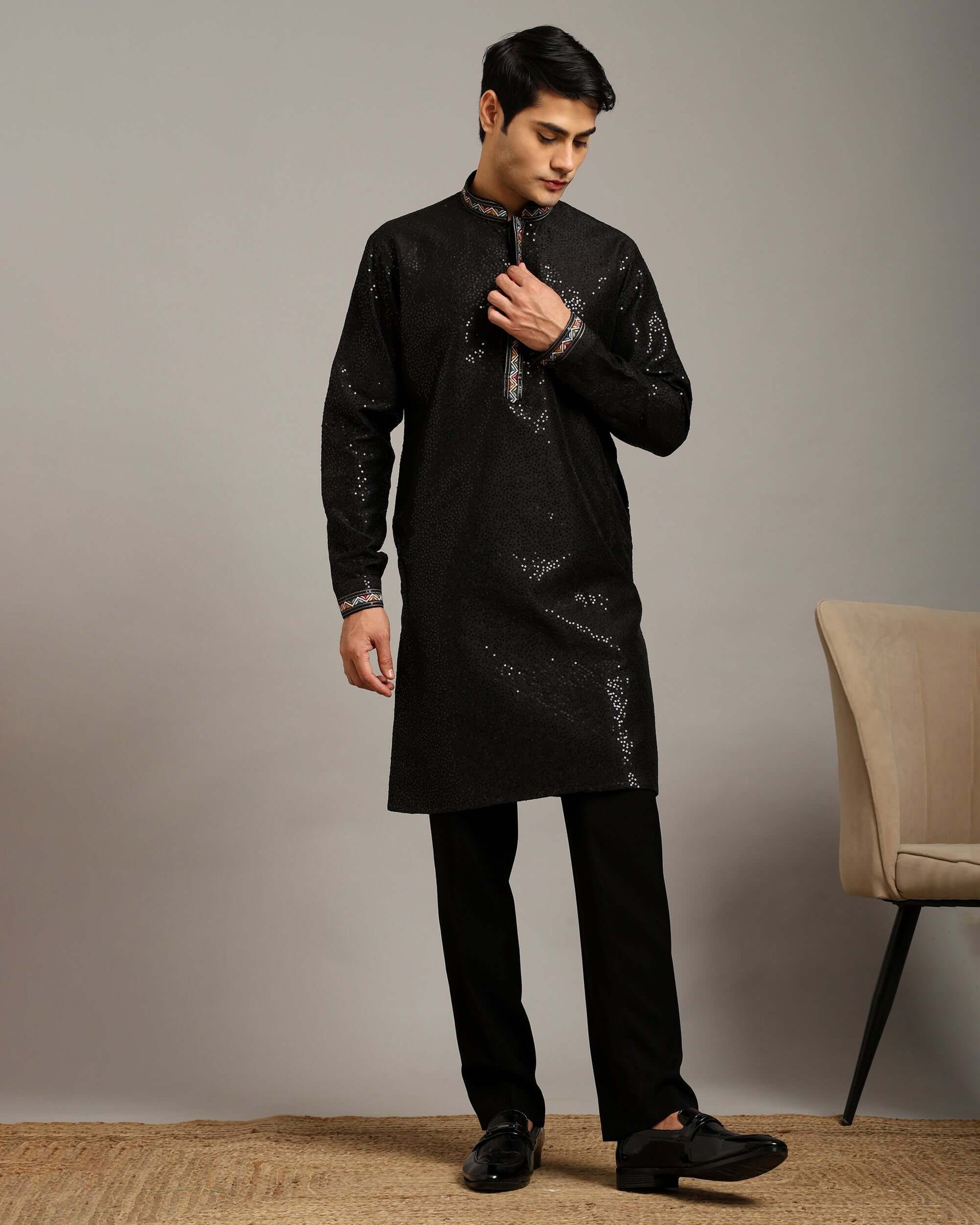 Crease India Zariya Sequin Embroidered Black Wedding Kurta for Men, perfect men’s kurta for wedding reception, cocktail party, sangeet night and Indian cultural event, worldwide delivery available.