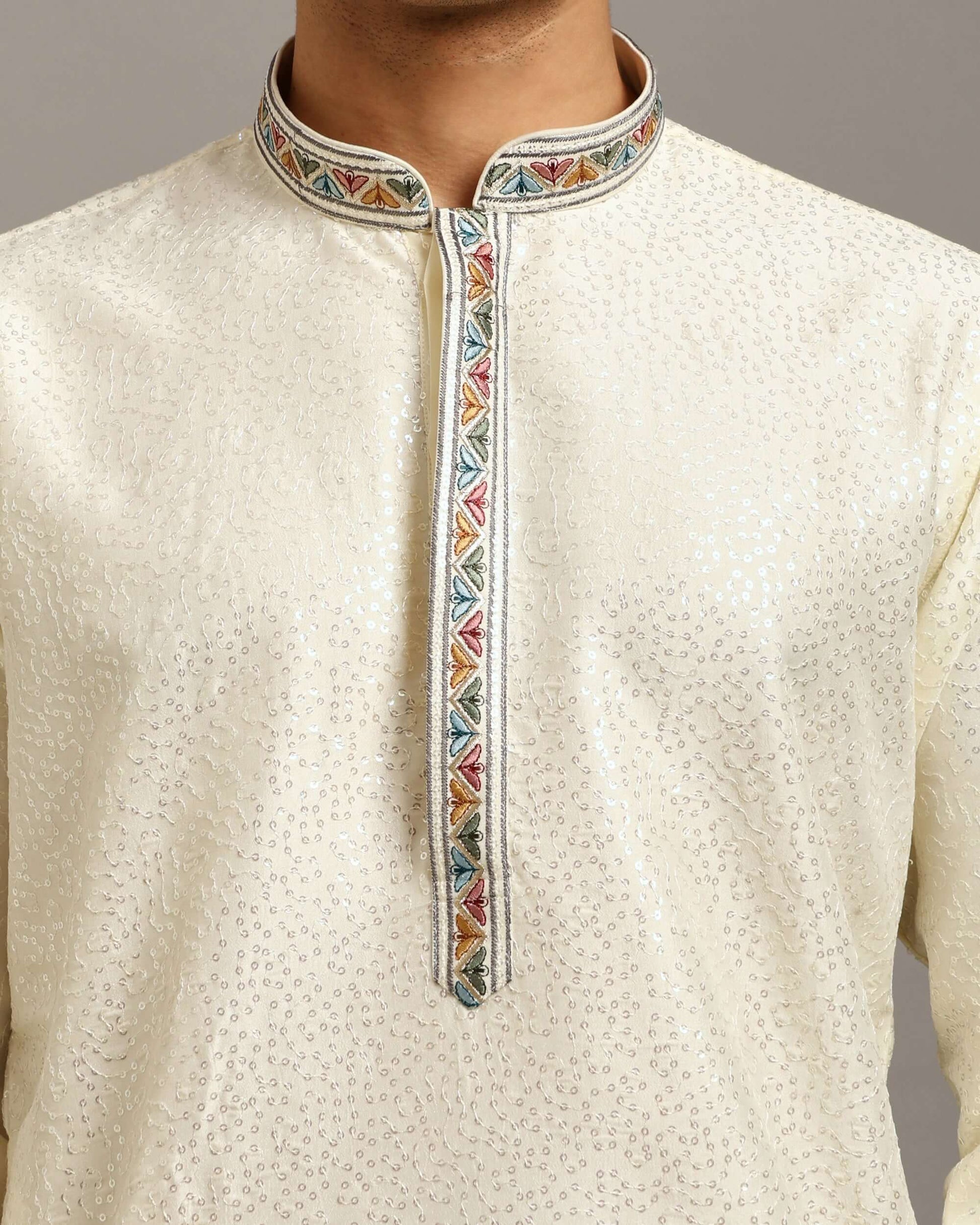 Crease India Zariya Sequin Embroidered Ivory Engagement Kurta for Men, perfect men’s kurta for engagement ceremony, Indian day wedding, religious ceremony and Indian cultural event, worldwide delivery available.