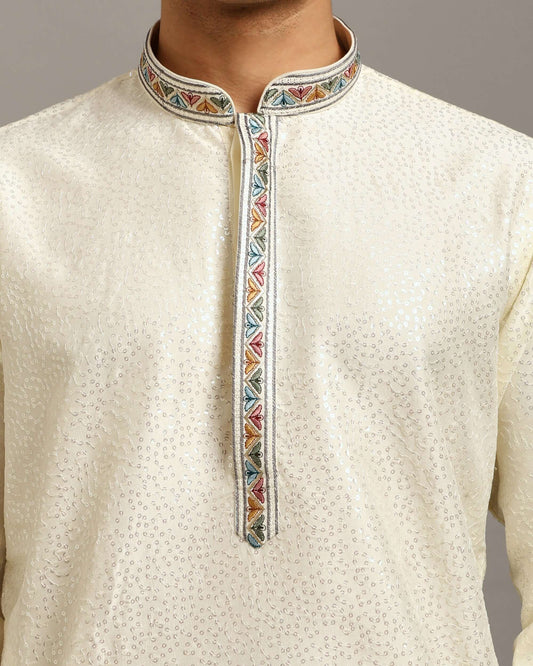 Crease India Zariya Sequin Embroidered Ivory Engagement Kurta for Men, perfect men’s kurta for engagement ceremony, Indian day wedding, religious ceremony and Indian cultural event, worldwide delivery available.