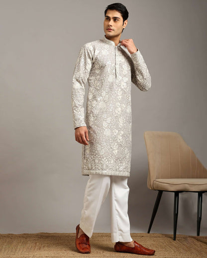Silver Grey Floral Embroidered Georgette Wedding Kurta for Men