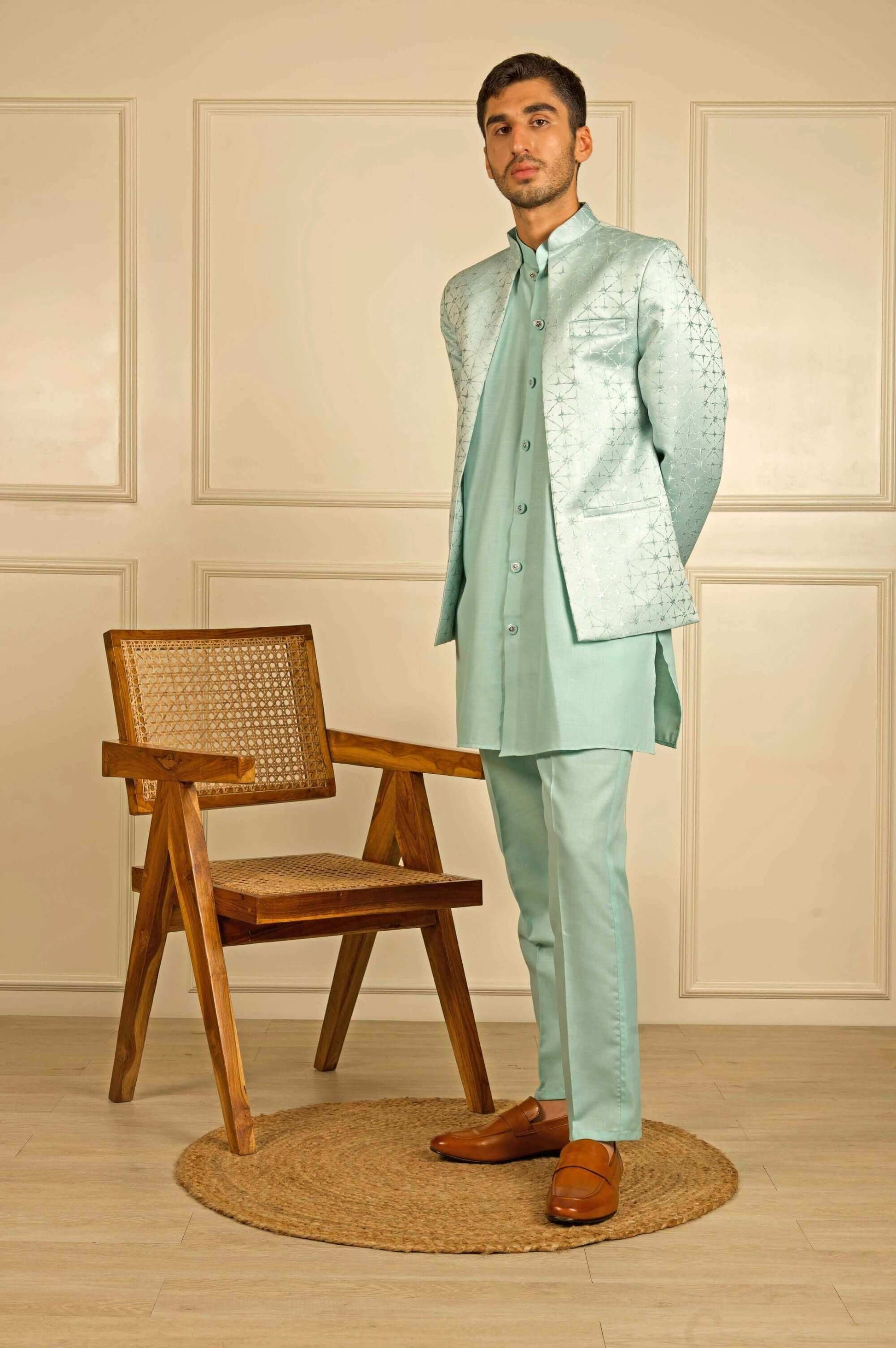 Sea Green Jacquard Indo Western Dress for Men Sea Green Jacquard Indo Western Dress for Men