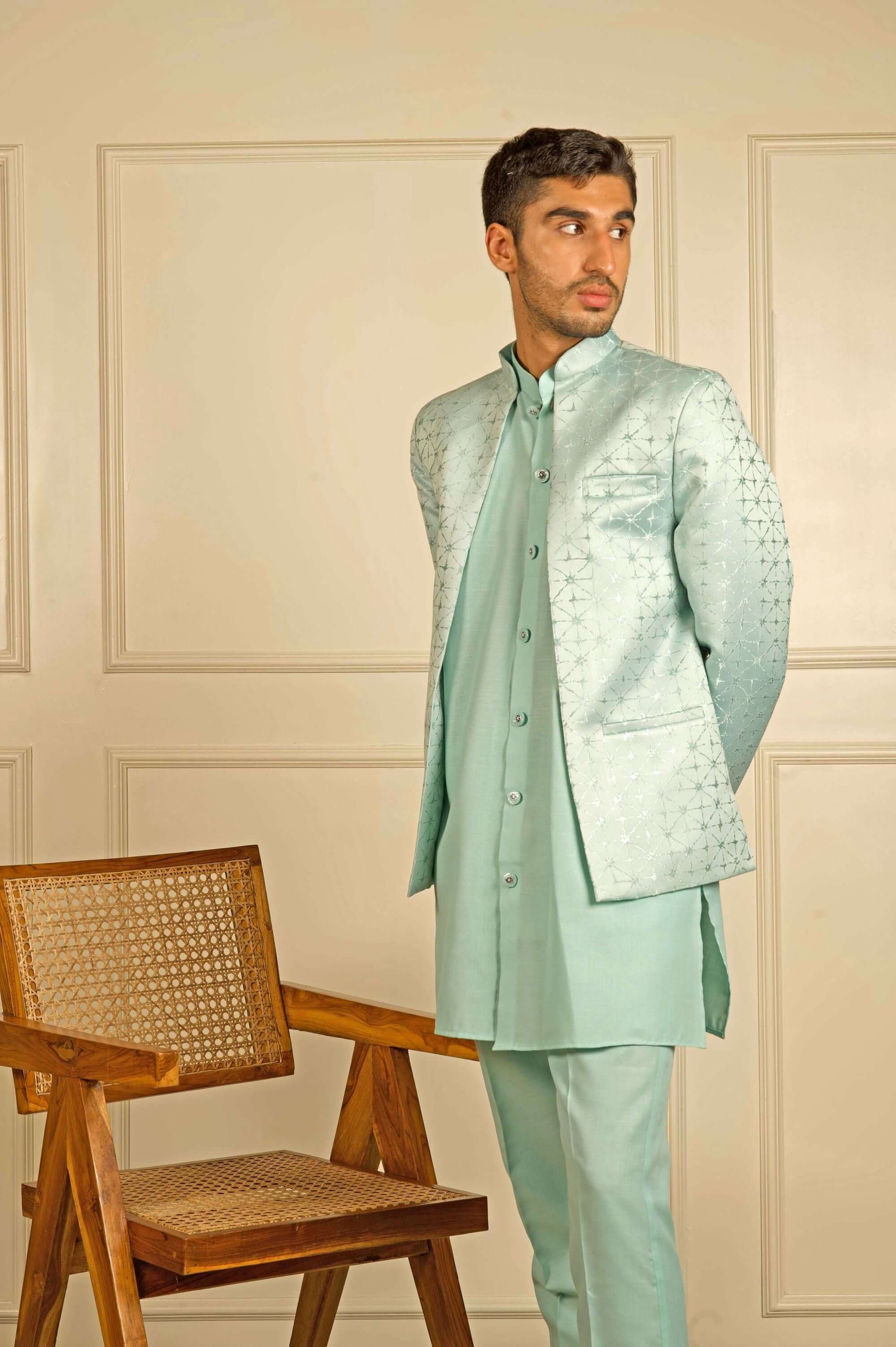 Sea Green Jacquard Indo Western Dress for Men - Main Image
