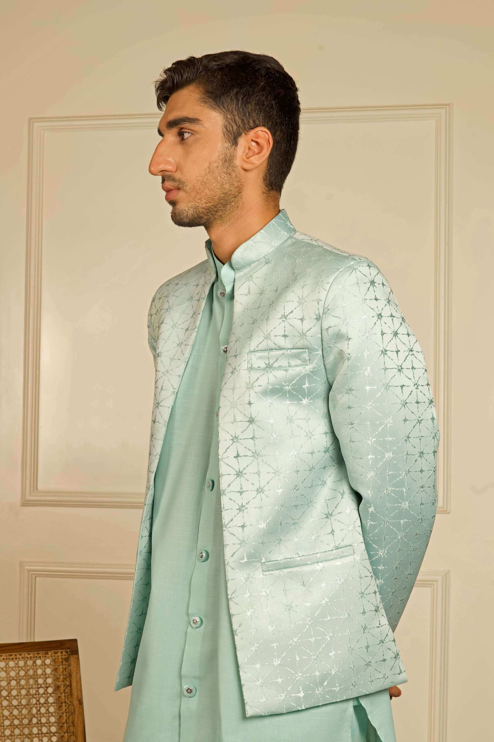 Sea Green Jacquard Indo Western Dress for Men Sea Green Jacquard Indo Western Dress for Men
